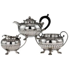 Antique 19th Century Chinese Export Solid Silver Tea Set, Hoaching, circa 1830