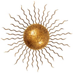 Spanish 1960s Small Gold Leaf Gilt Iron Sunburst Ceiling Light or Wall Sconce