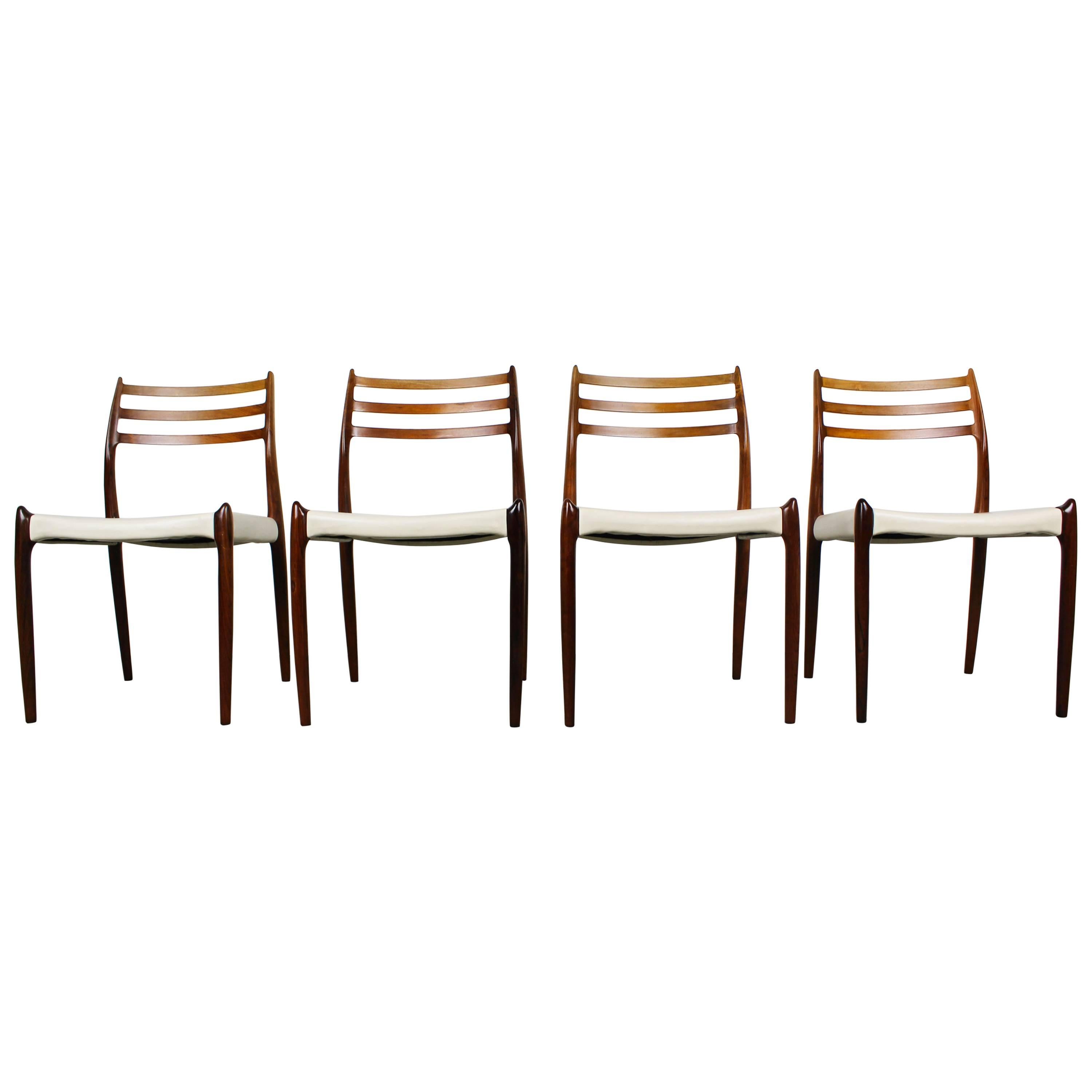 1950s Danish Dining Chairs Model 78 Niels Otto Moller Rosewood White Leather 