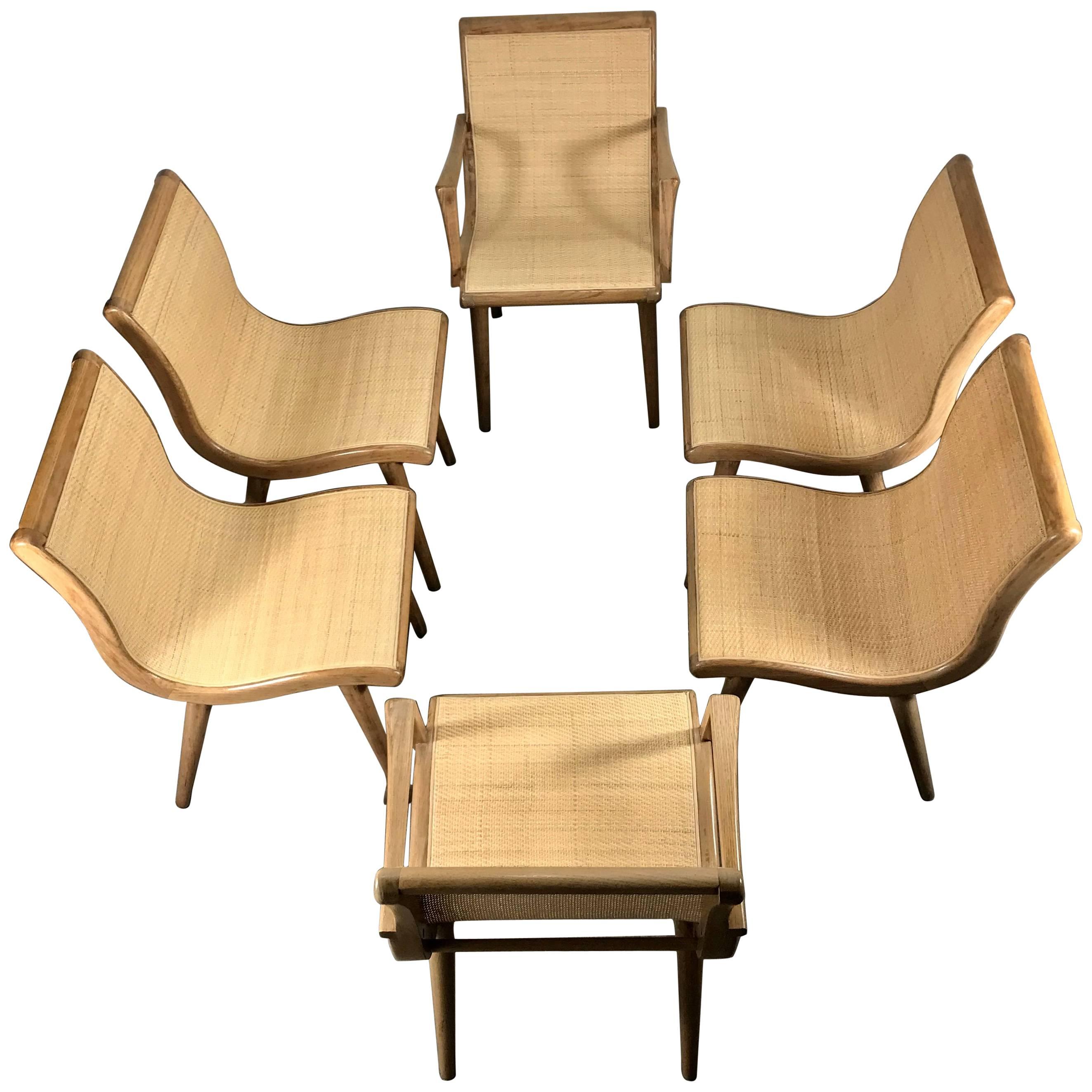 Set of Six Midcentury Dining Chairs, Cerused Oak and Cane by Russel Wright