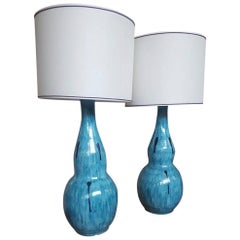 Antique Pair of Light Blu Ceramic Lamps, by Zaccagnini, 1950 circa, Italy