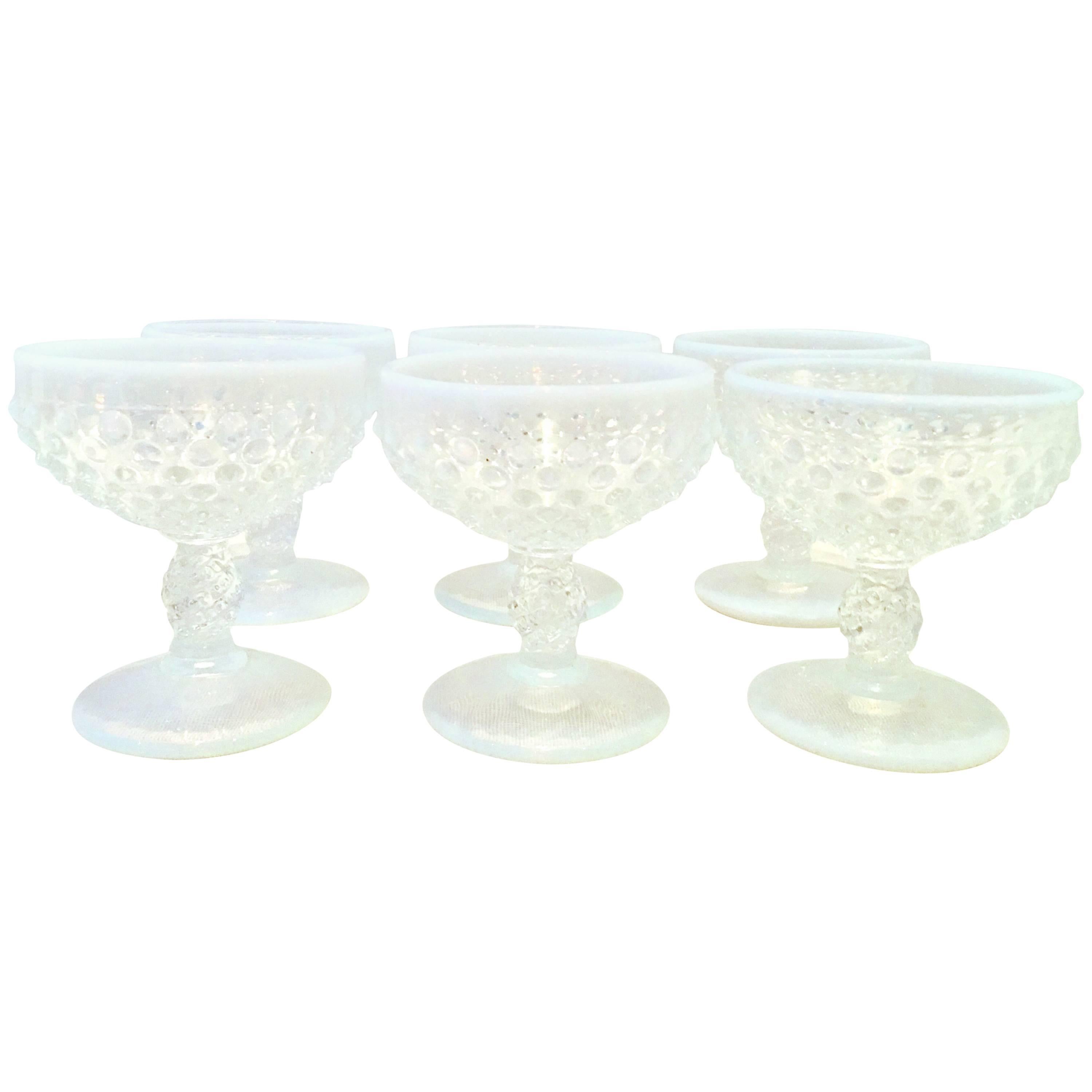 1930'S French Blue Opalescent Hob Nail Coupe Drink Glasses S/6 For Sale