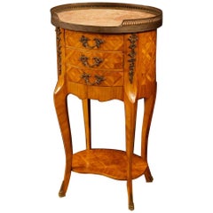 French Inlaid Side Table with Marble Top and Bronzes, 20th Century