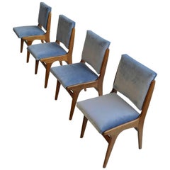 Four Dining Chairs in Ice Blue Velvet, in Style of Carlo di Carli, Italy, 1950s