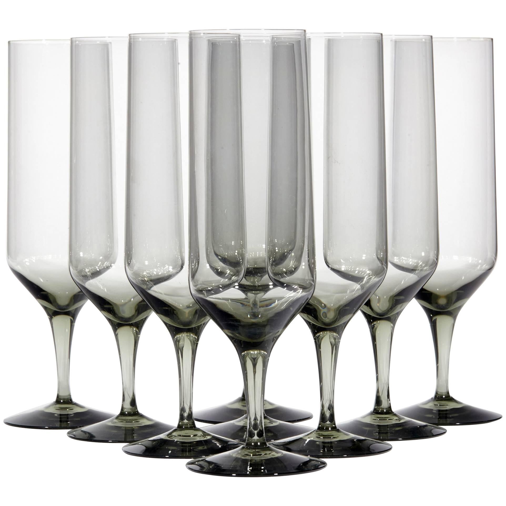 1950s Holmegaard Denmark Smoked Glass Champagne Flutes, Set of Nine