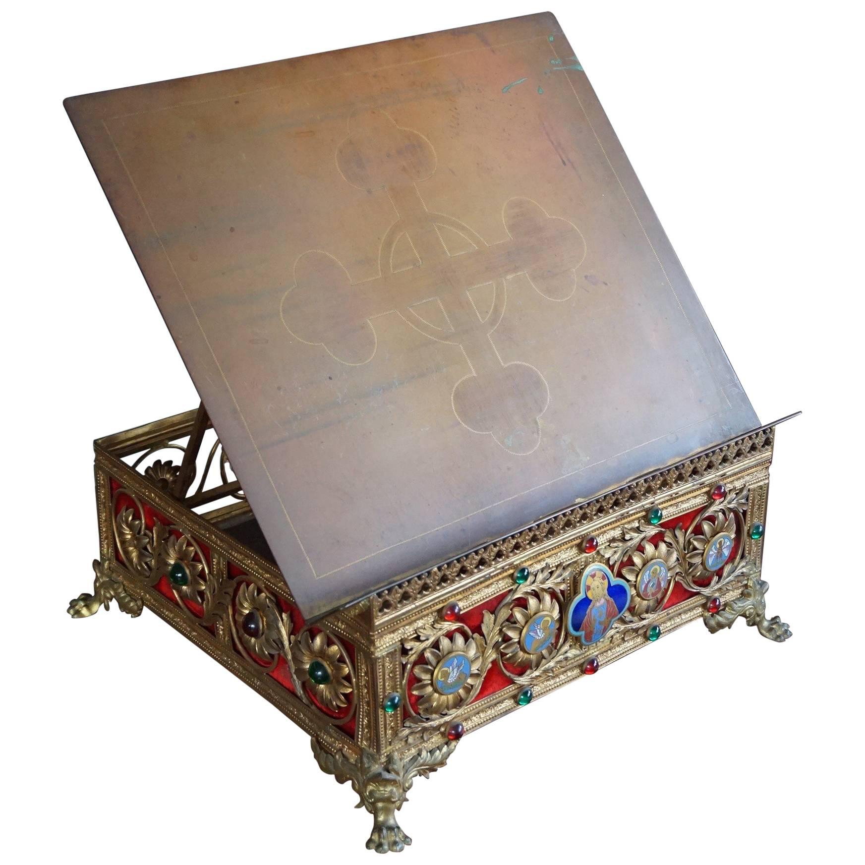 Gothic Revival Gilt Brass Bible Stand Inlaid with Cloisonné Cartouche of Christ