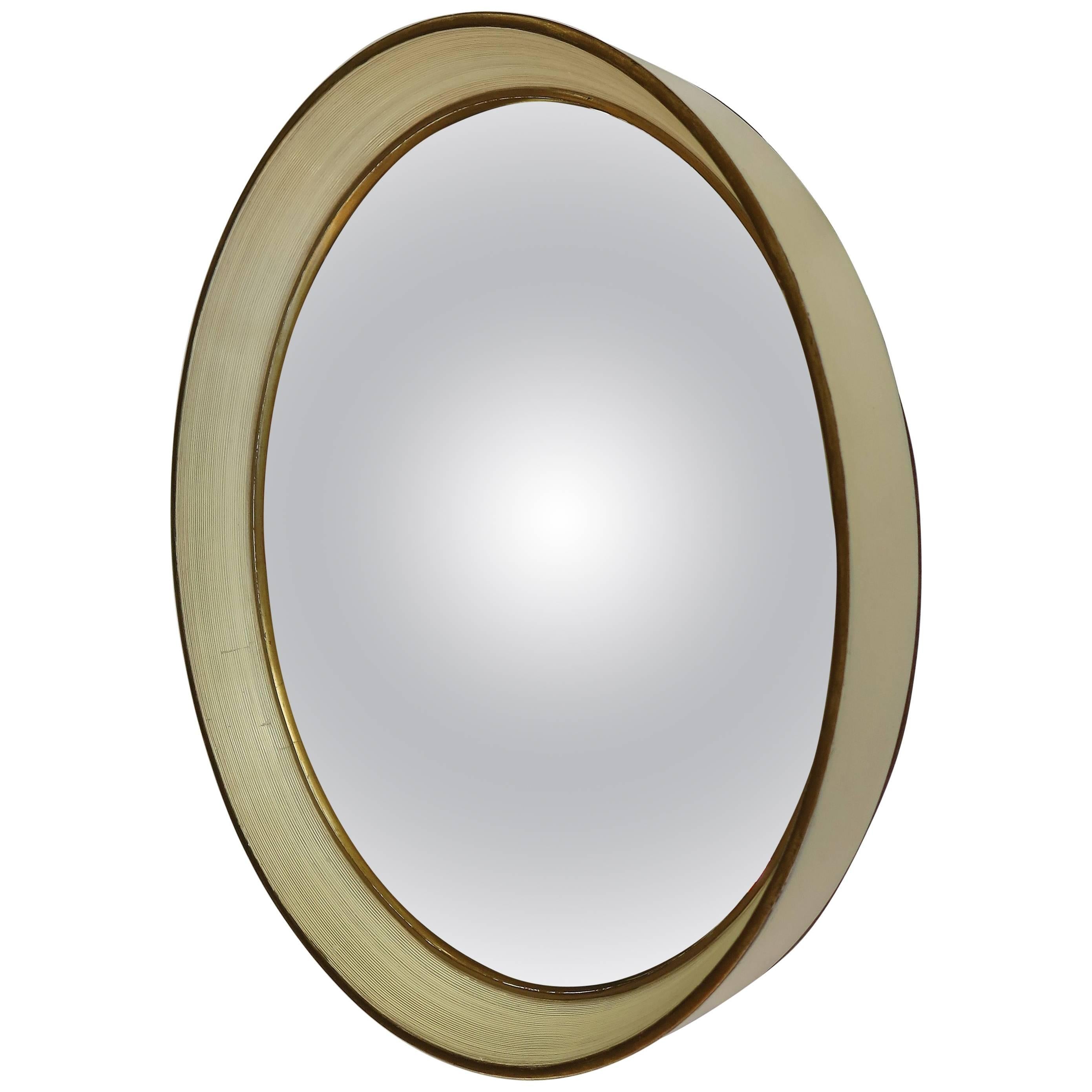 Round Convex Wall Mirror Turned Cream Wood Frame with Gilt Detail, Ca. 1925