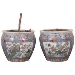 Vintage Pair of Large Chinese Polychrome Decorated Porcelain Jardinières