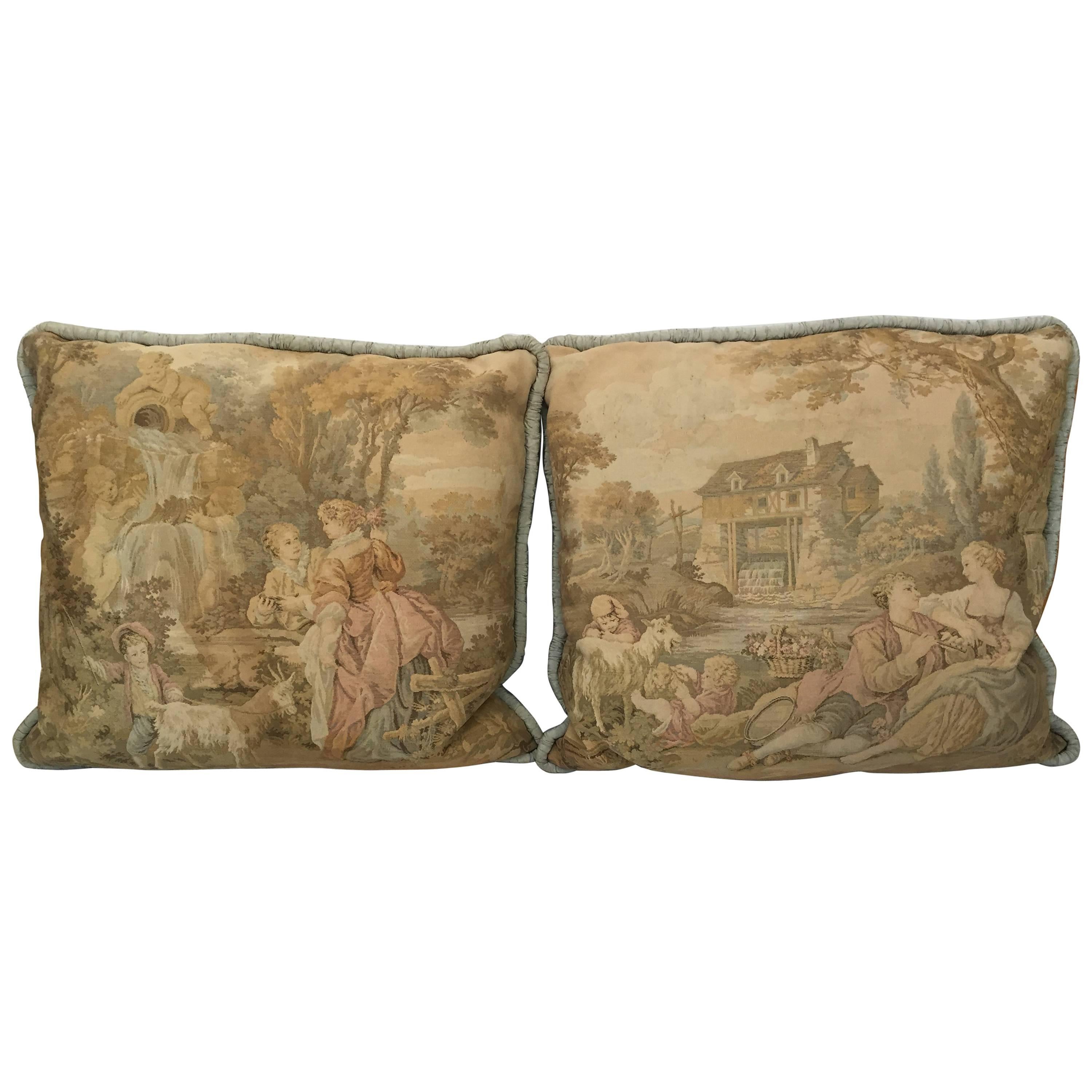 Pair of Aubusson Style Large Tapestry Decorative Pillows