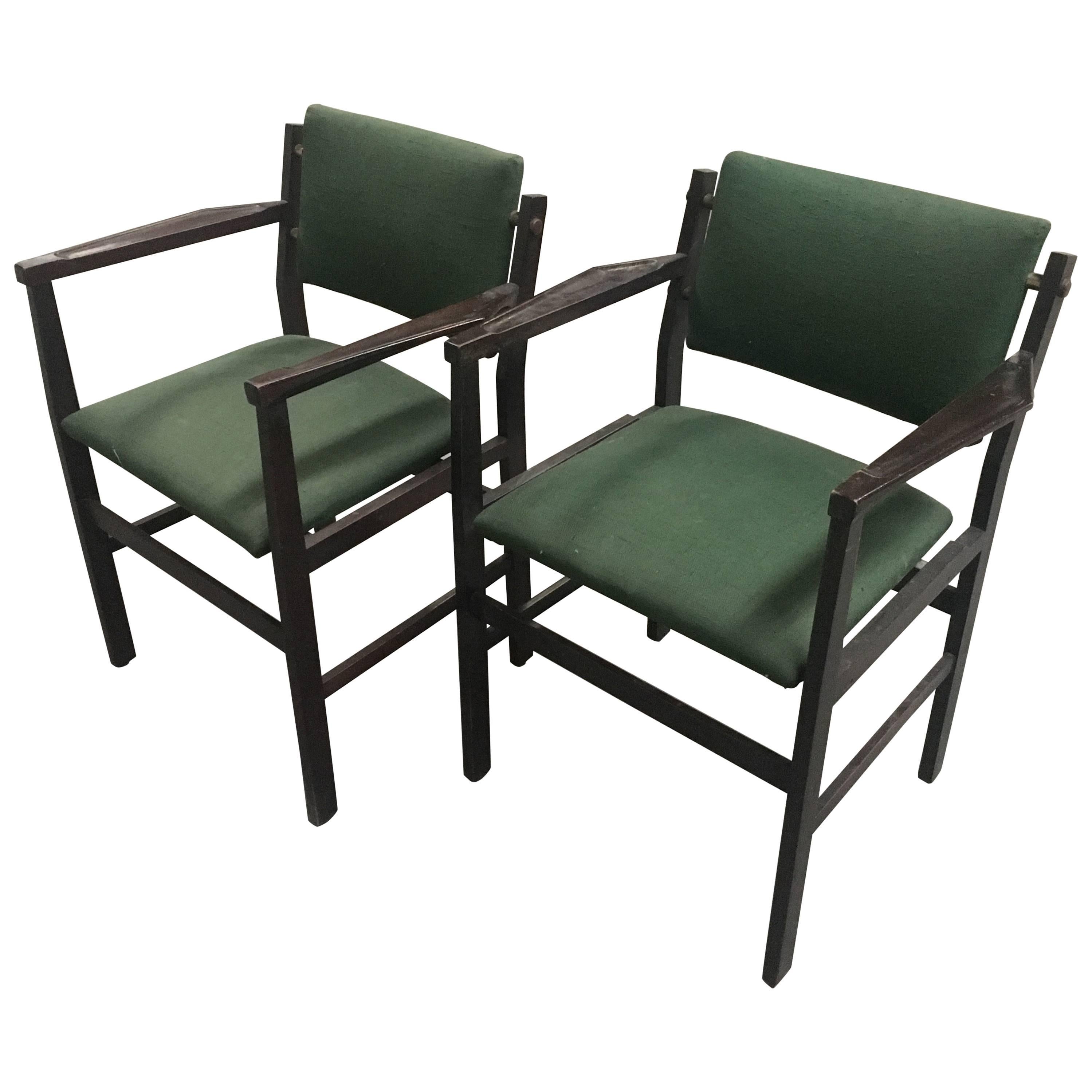 Pair of Italian Chairs with Original Green Fabric from 1960s