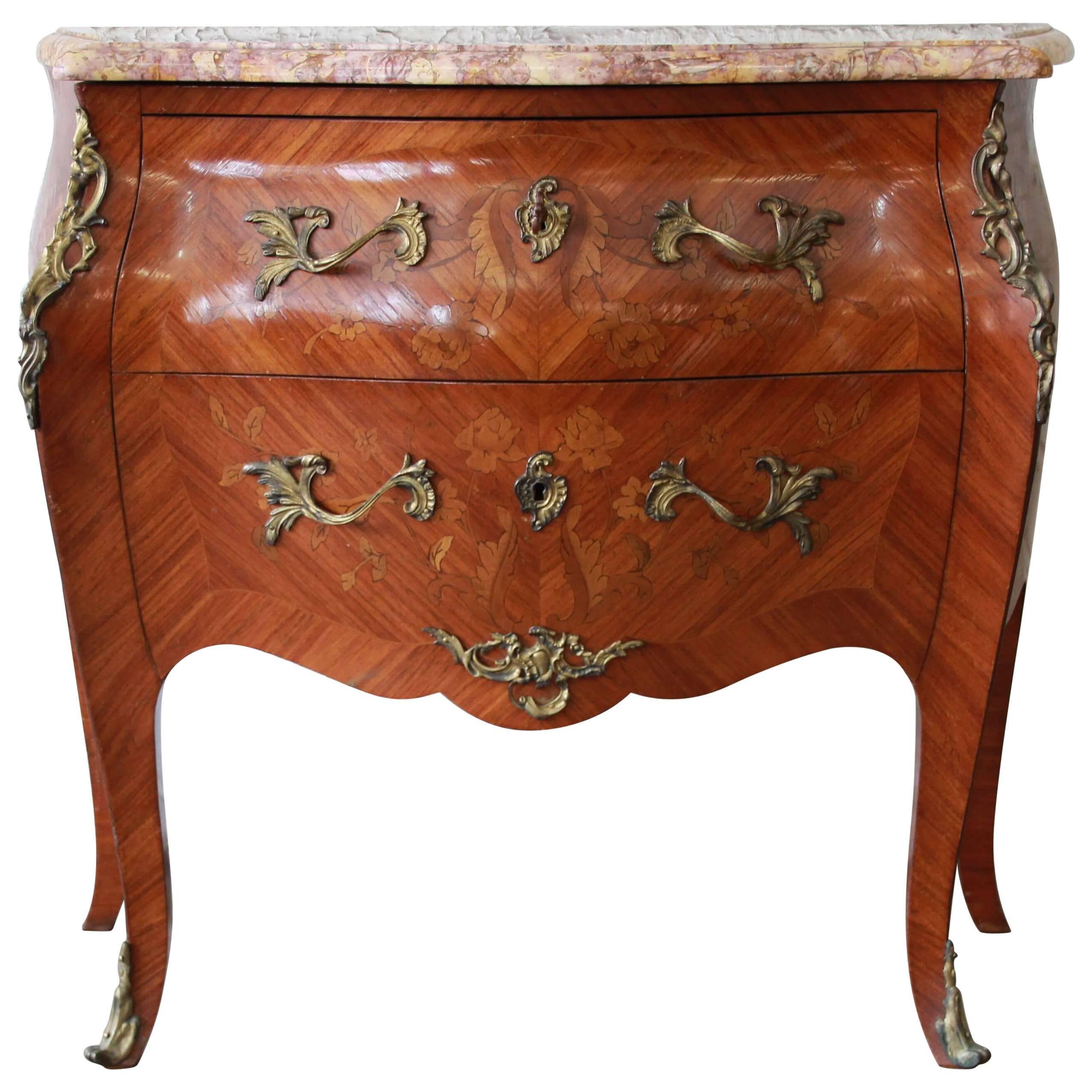French Marble-Top Inlaid Bombay Chest with Mounted Bronze Ormolu