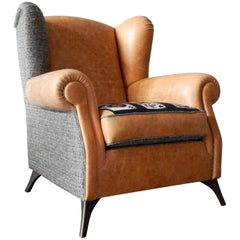 Italian Crafts Full-Grain Leather Epingle Fabric Patchwork Bergére Armchair