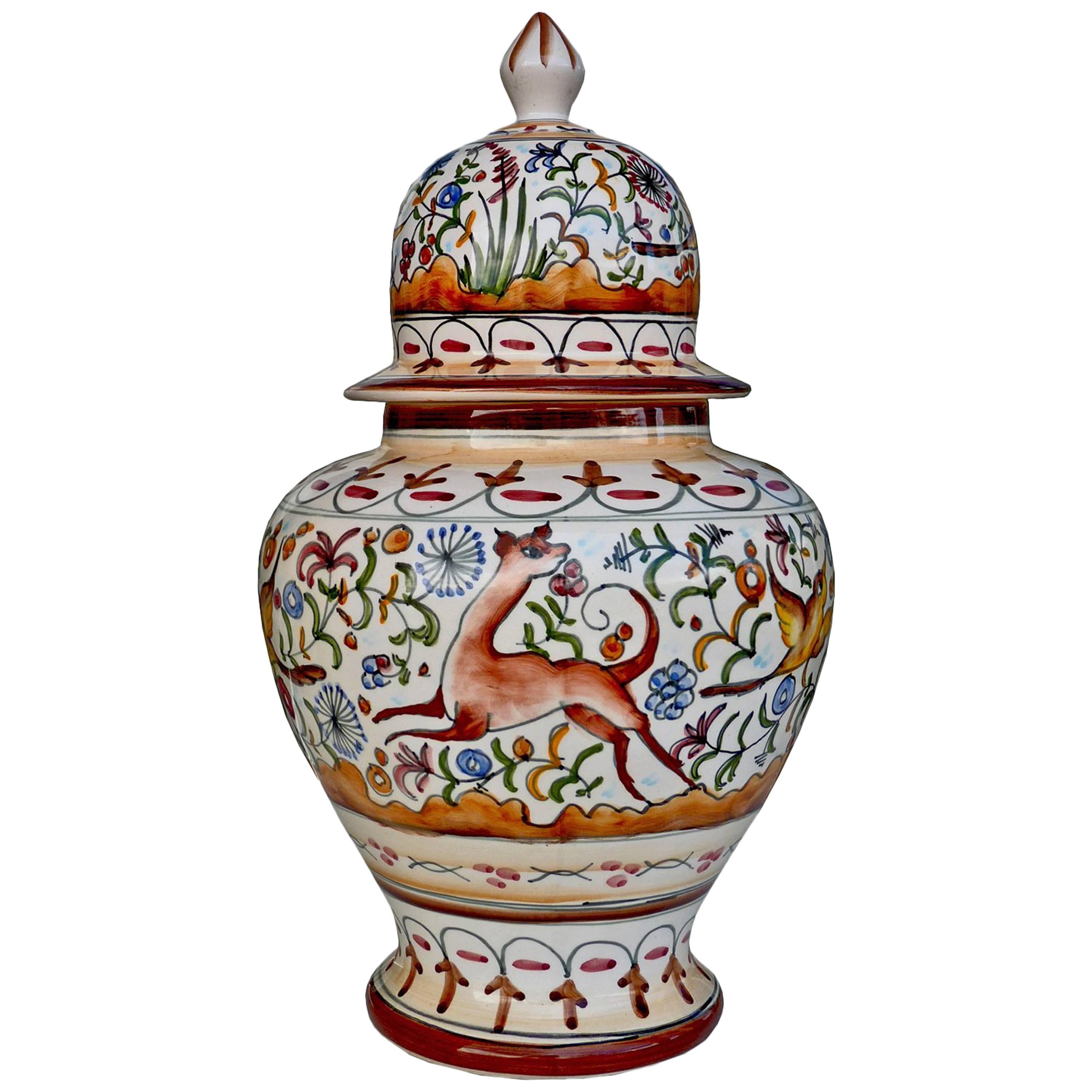 Antique Delft Polychrome Hand-Painted 17th Century Portuguese Ceramic Urn Vase