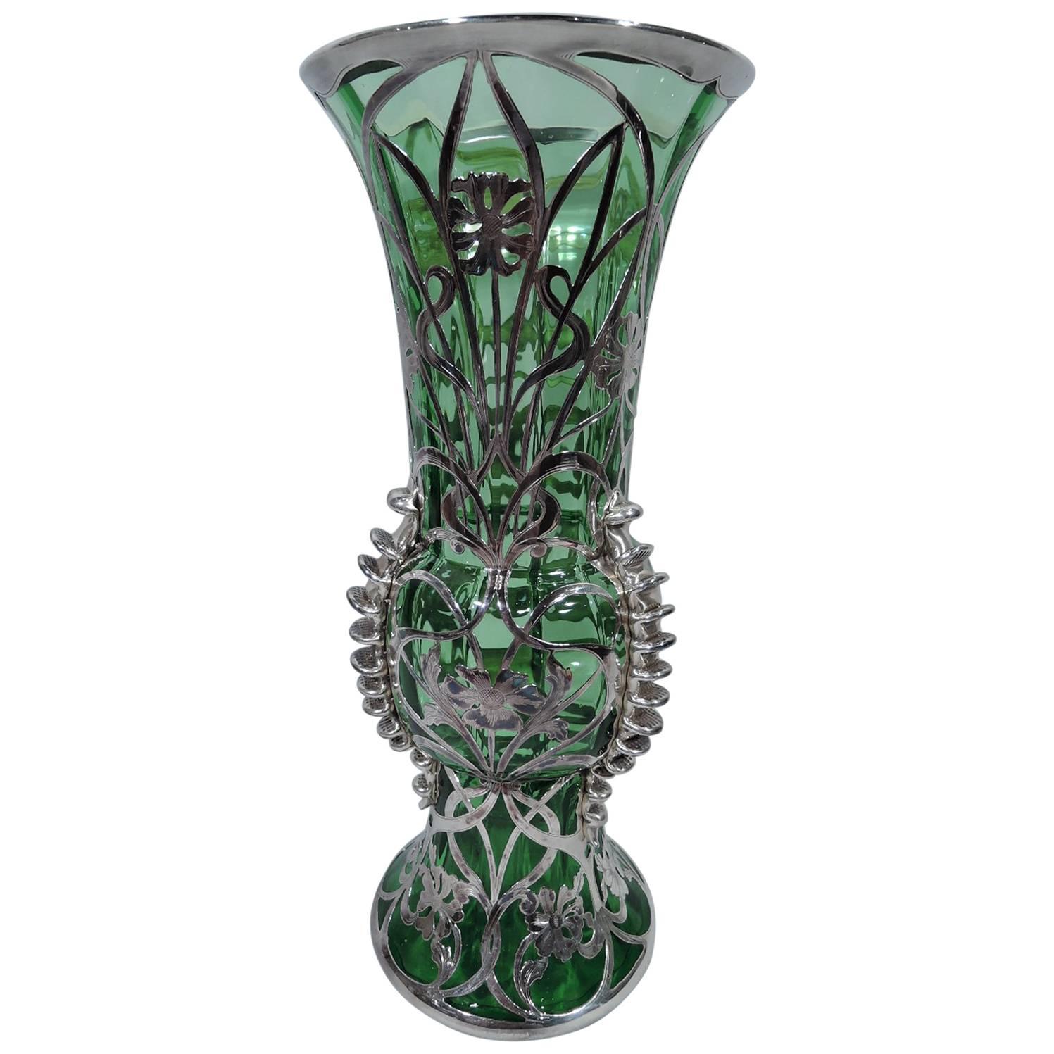 Gorham Tall and Unusual Silver Overlay Green Glass Vase