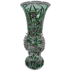 Gorham Tall and Unusual Silver Overlay Green Glass Vase