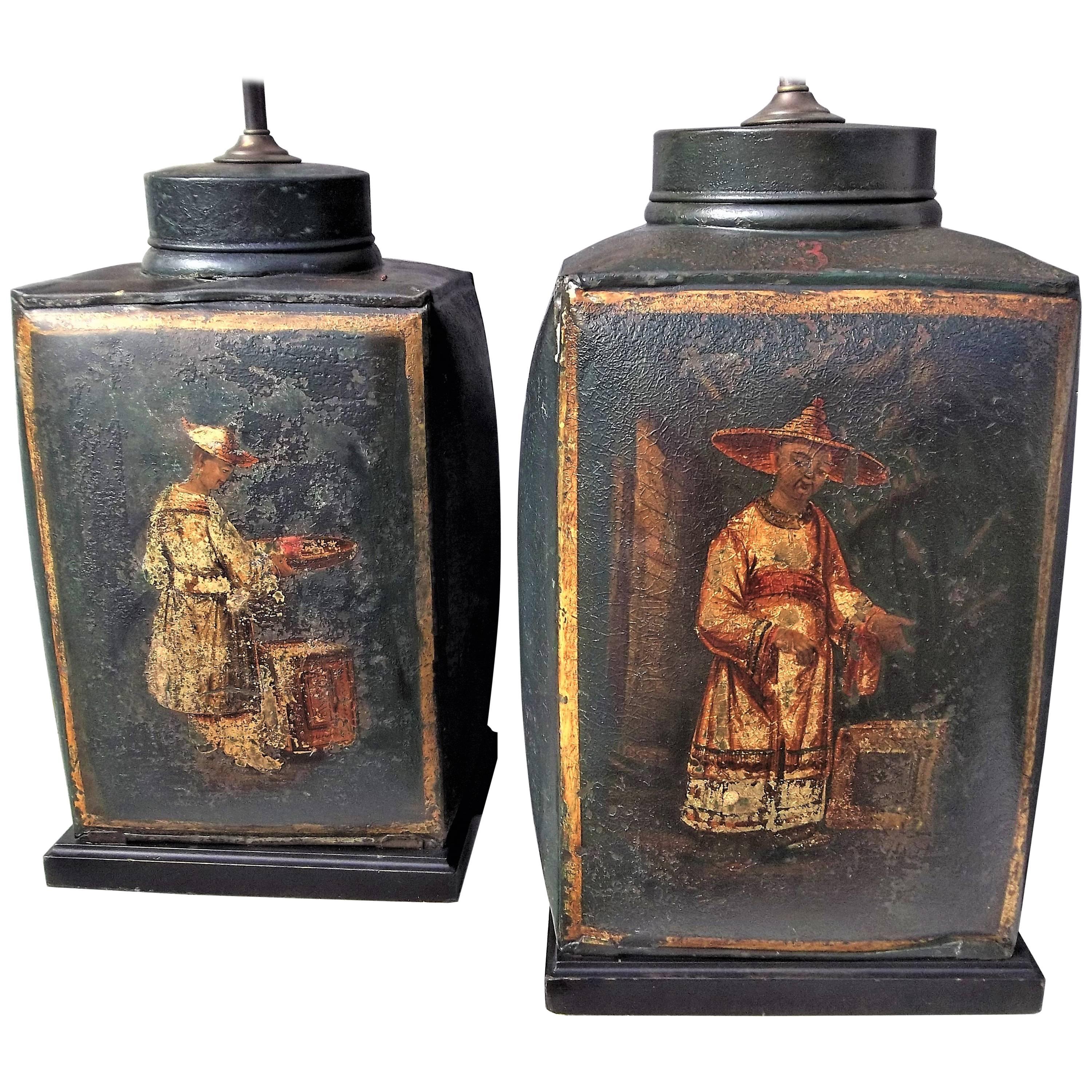 Pair of English Regency Green Chinoiserie Tôle Peinte Tea Canisters Mounted 