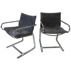 1970s Chrome and Upholstered Armchairs in the Style of Milo Baughman