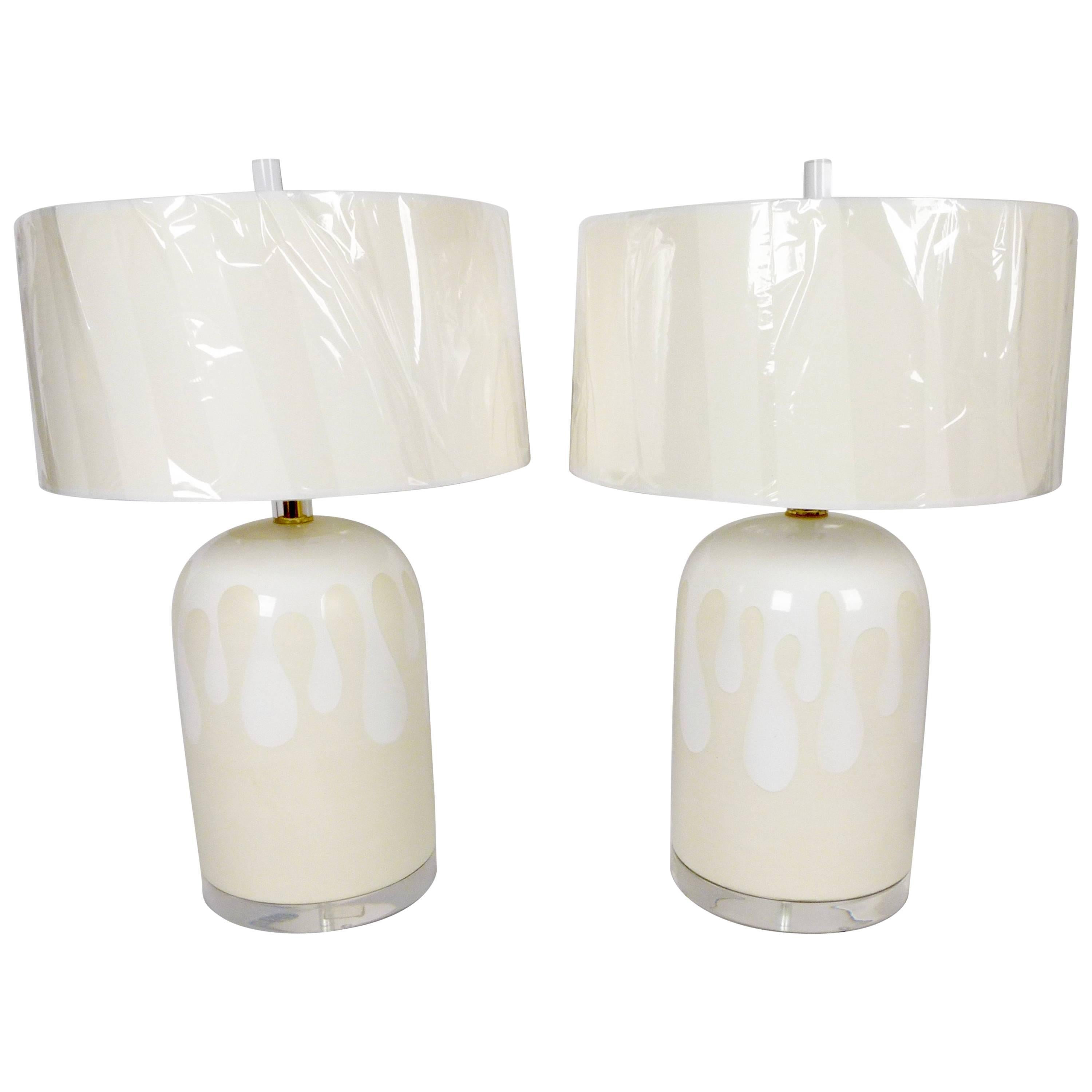 Pair of Large White on White Stoneware and Lucite Lamps