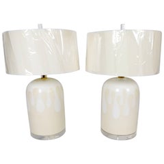 Pair of Large White on White Stoneware and Lucite Lamps