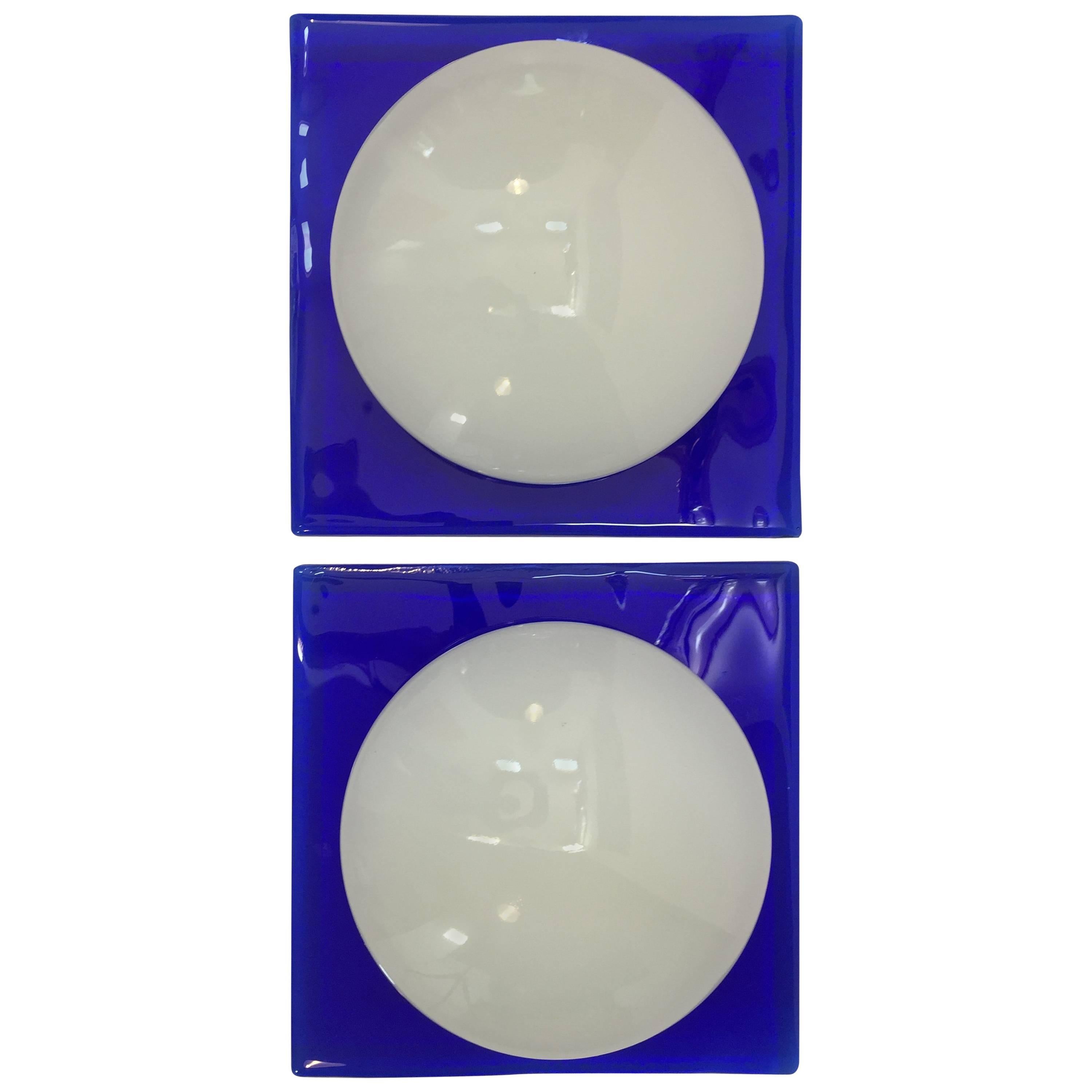 Pair of Modern Murano Cobalt Blue Glass 1980s Flush Mount Lights or Sconces