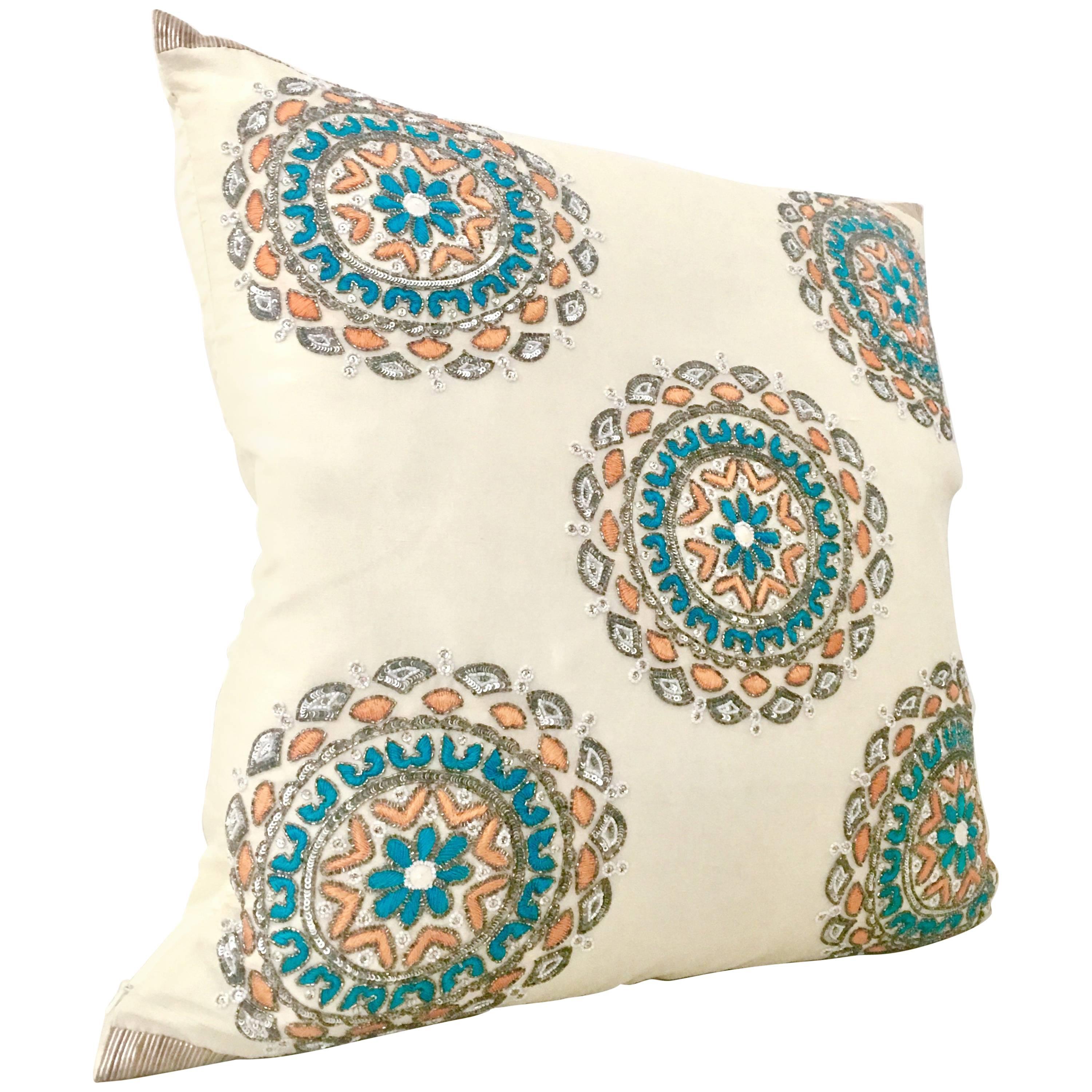 21st Century Silk Embroidered Crystal Embellished Down Pillow By, Sivaana For Sale