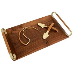 Penchoen Originals Walnut, Brass and Wicker Cheese Board, Slicer and Spreaders