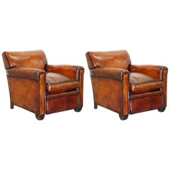 Stunning Pair of Used Edwardian Hand Dyed Cigar Brown Leather Club Armchairs
