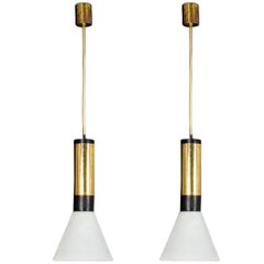 Pair of Stilnovo Frosted Glass and Brass Pendants, Model "1135" Edited in 1960s