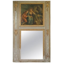 Rare miroir Trumeau d'époque Louis XVI, circa 1760, peinture à l'huile romantique