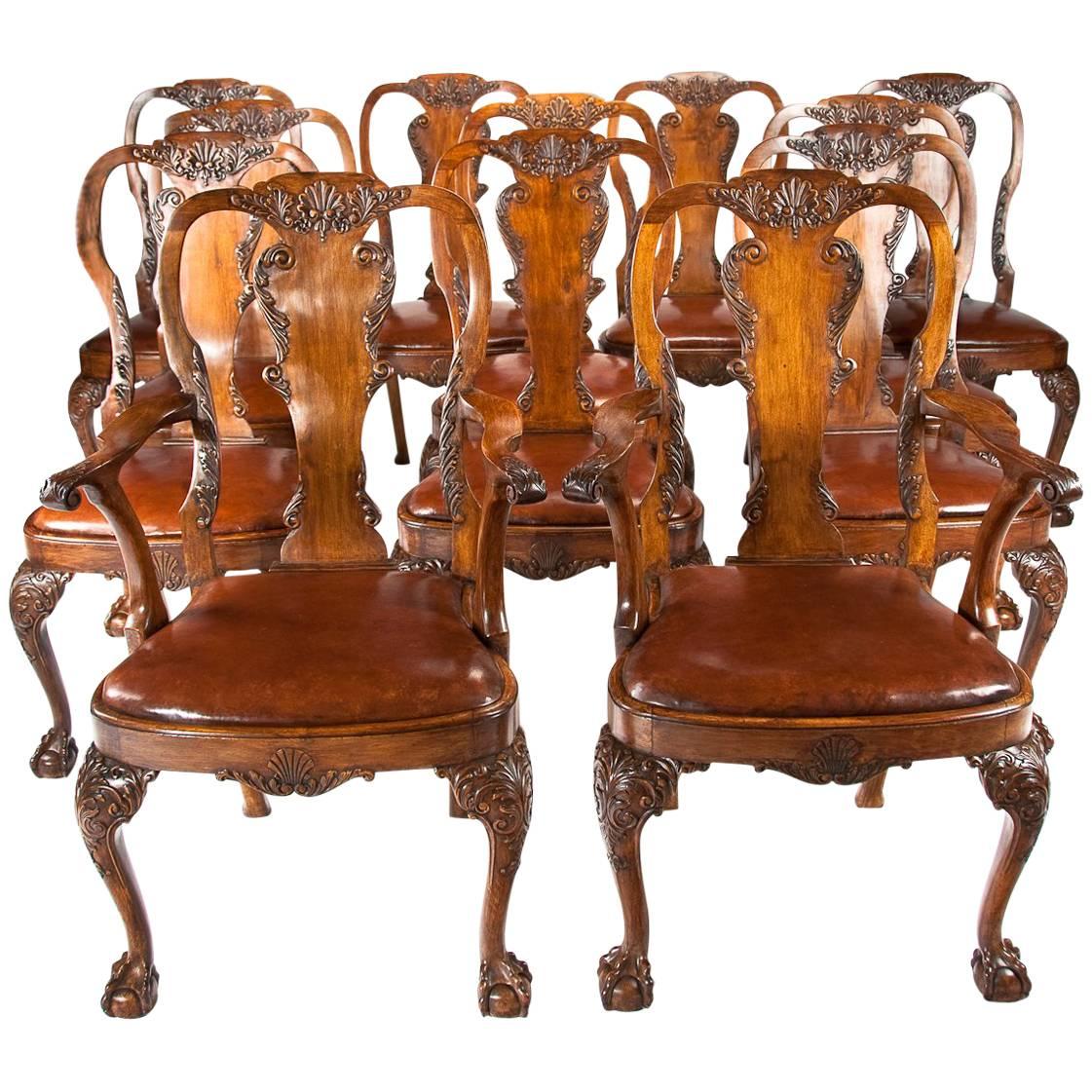 Set of 12 Antique Walnut Leather Upholstered Dining Chairs