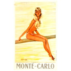 Original Vintage Monte Carlo Poster by Domergue Featuring Girl on a Diving Board