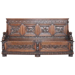 Antique Large 19th Century Carved Oak Box Settle