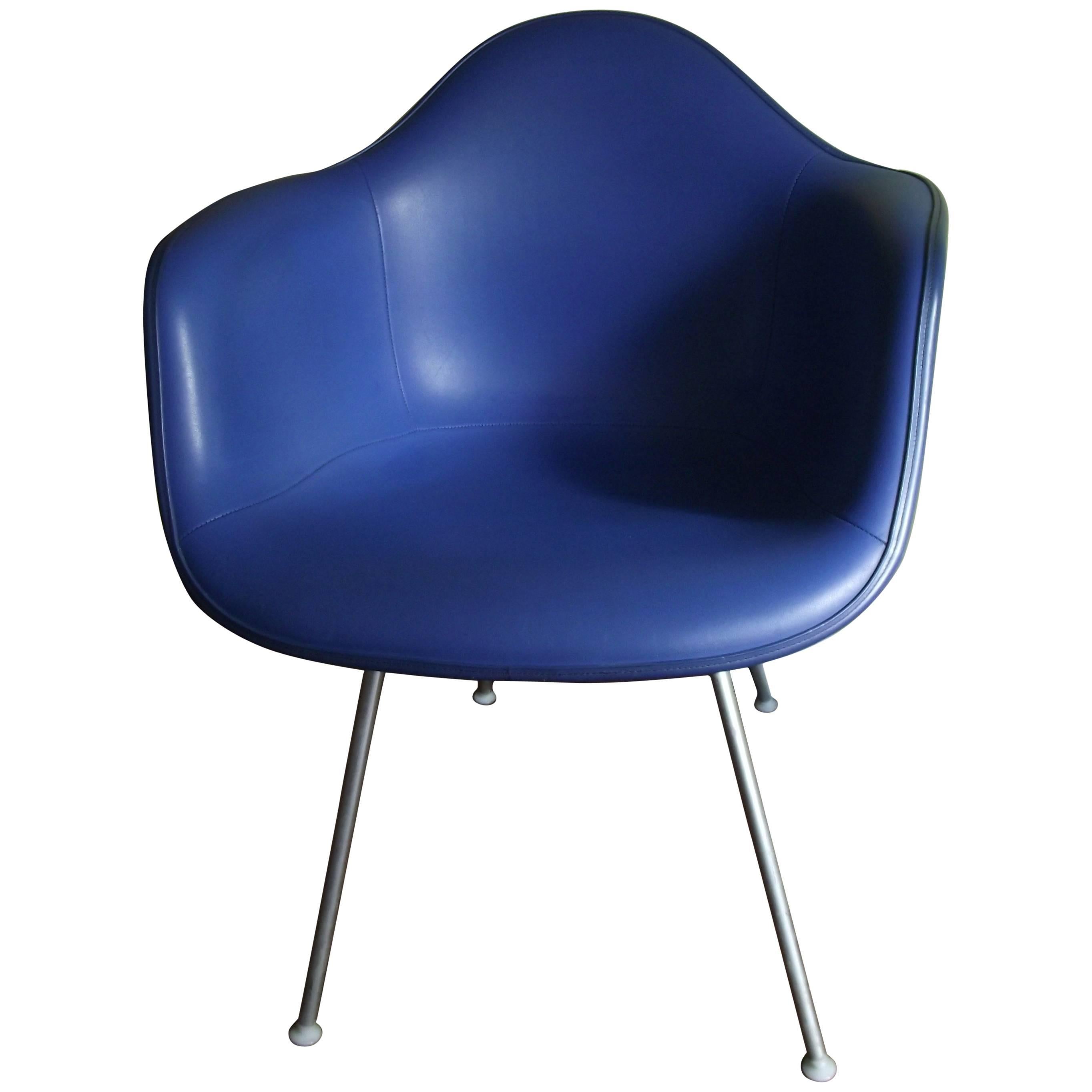 Eames LAX Lounge Armchair by Herman Miller Upholstered in Blue Naugahyde  For Sale