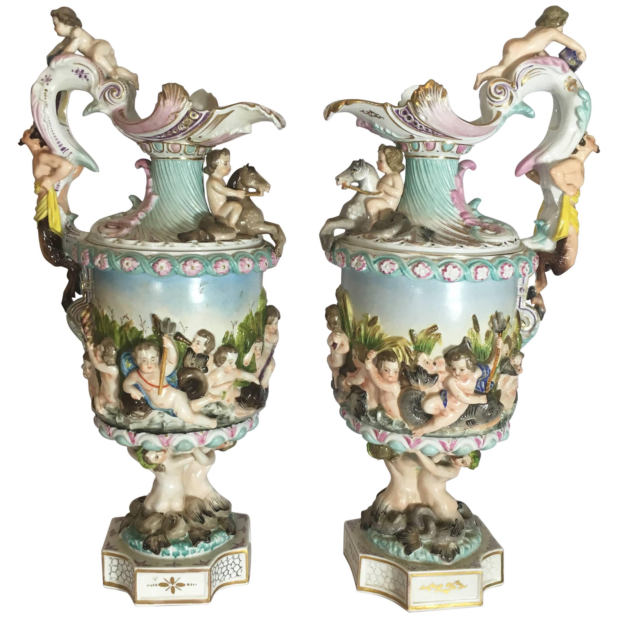 Pair of Late 19th Century Meissen Porcelain Ewers with Maritime Scene