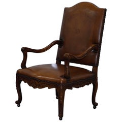 Grand Theodore Alexander Accent High Back French Louis Brown Leather Armchair