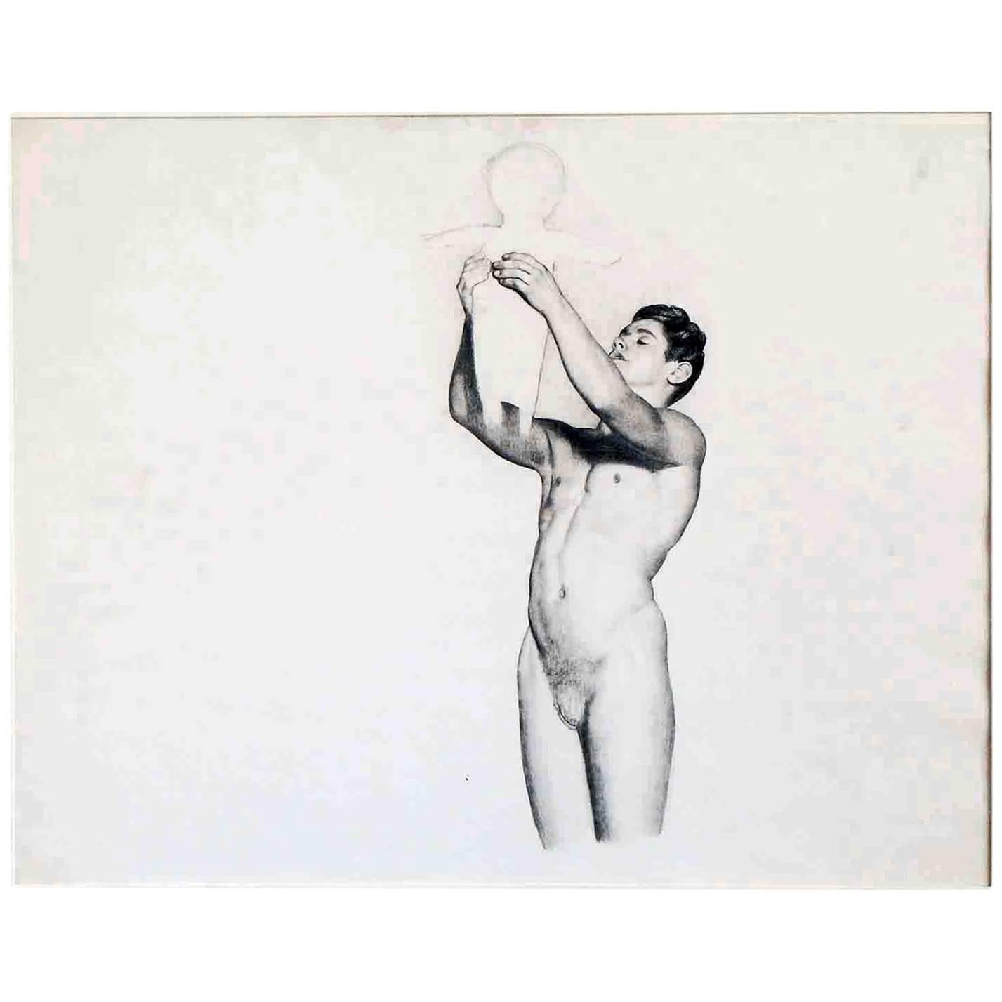 "Male Nude Holding Child Aloft, " Large Art Deco Drawing by Master Muralist For Sale