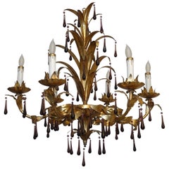 Italian Gilt Tole Chandelier with Amethyst Tear Drops