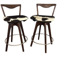 Bar Stool Pair in Walnut and Cowhide