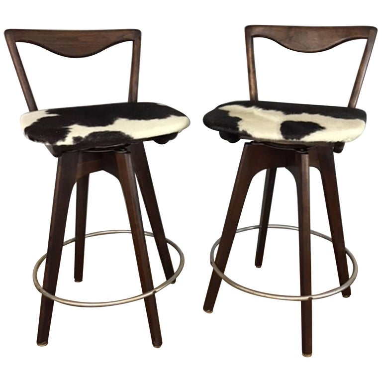 Pair Studio crafted wooden bar stools with rounded back rests For Sale