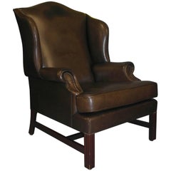 Vintage Aged Brown Fully Aniline Leather Wingback Armchair Georgian H-Frame