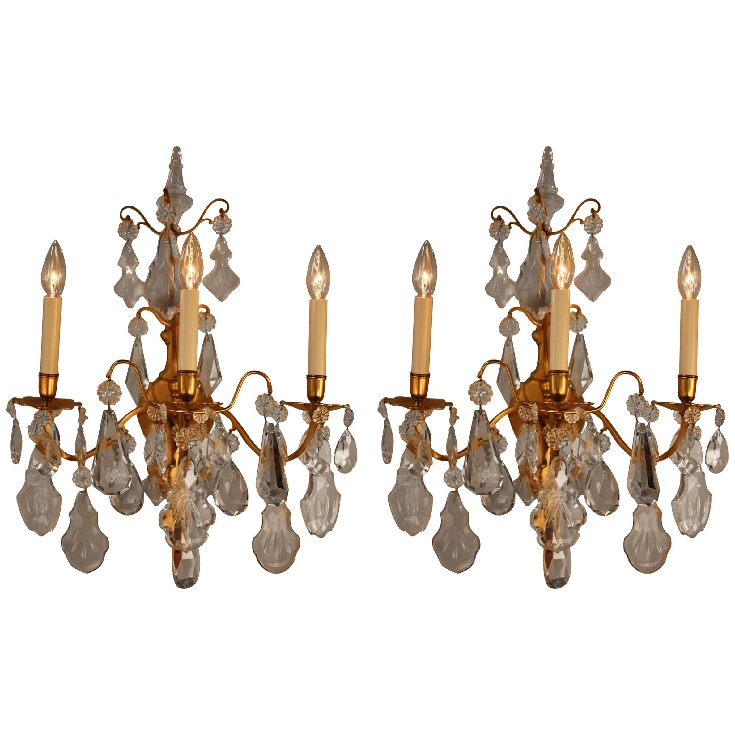 Pair of 1930s Crystal and Bronze Wall Sconces