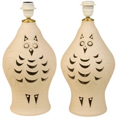 Pair of Ceramic "Owl" Lamps by Georges Pelletier, circa 1970, France