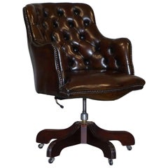 Used Fully Restored Chesterfield Cigar Brown Leather Captains Chair Barrel Back