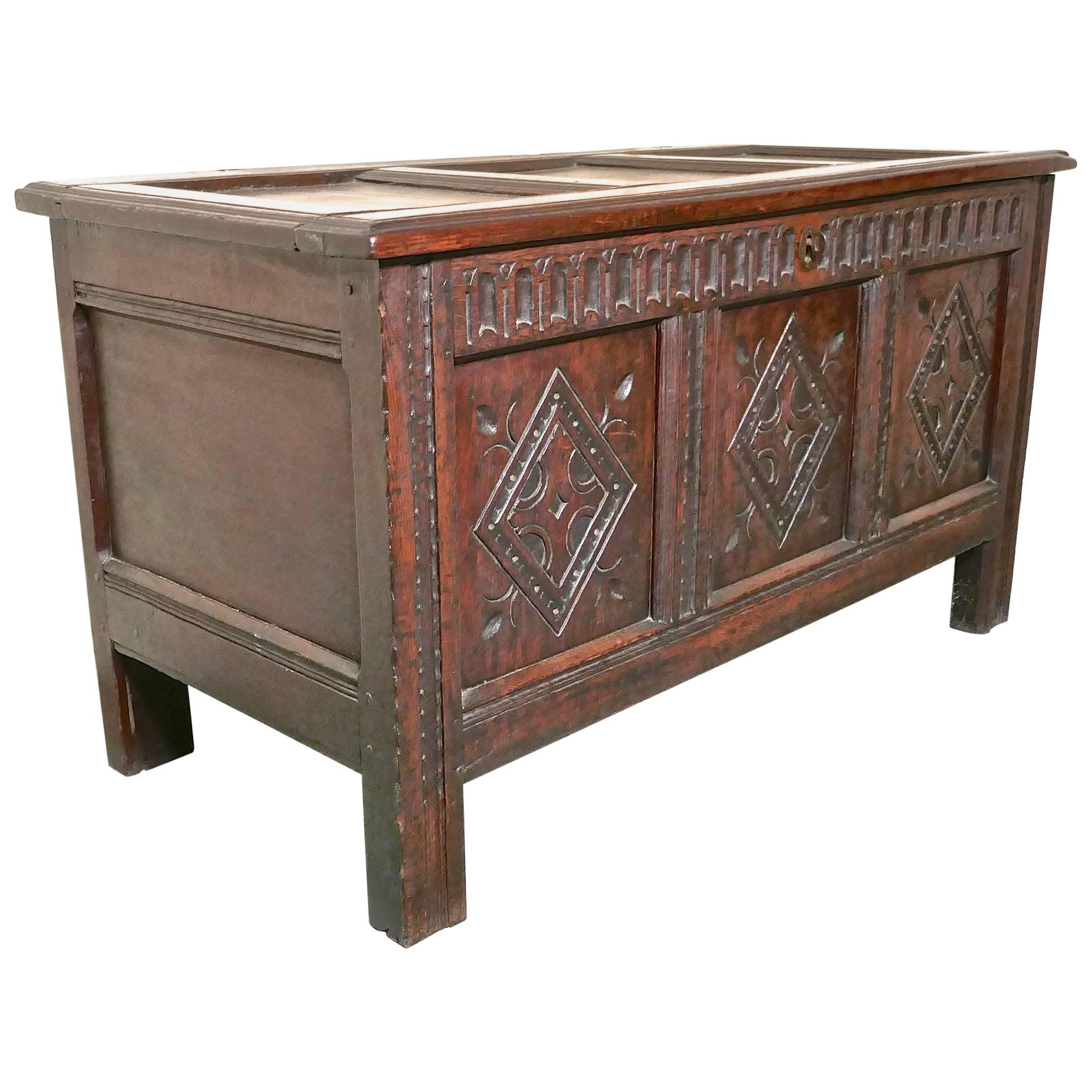 17th Century Carved Oak Coffer, with Key