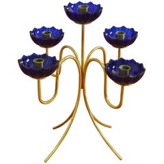 Vintage Candelabra with Blue Glass by Gunnar Ander for Ystad-Metall