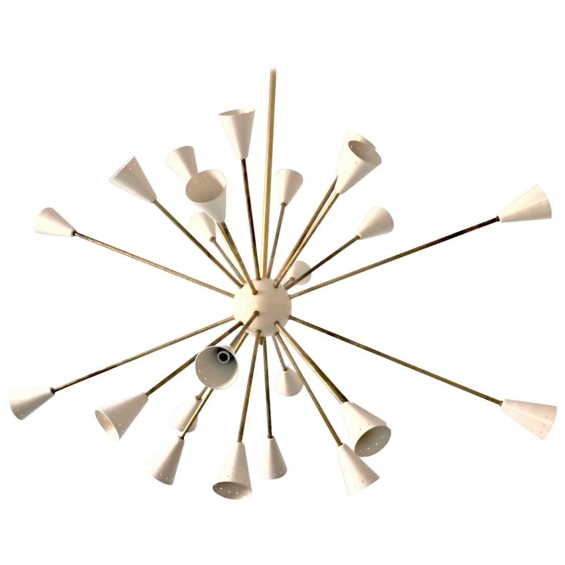 Oval Brass Sputnik Chandelier, 24 Lights, Ivory Shades in the Stilnovo Style