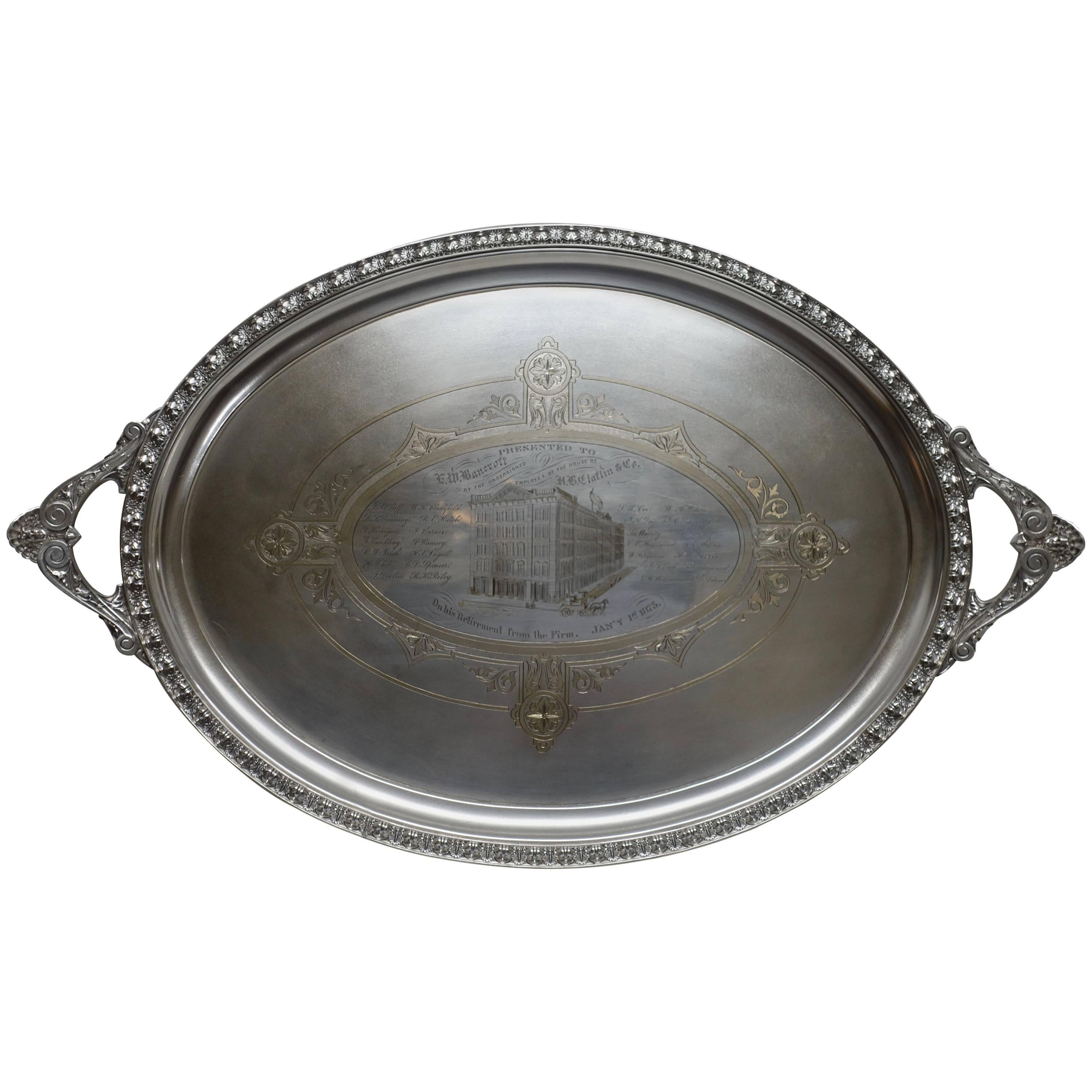 Large Commemorative Aesthetic Movement Silver Plate Tray, American 19th Century