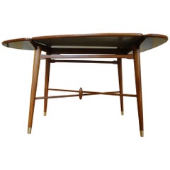 Unusually Danish Mahogany Coffee Table with Loose Reversible Top Brass Shoes