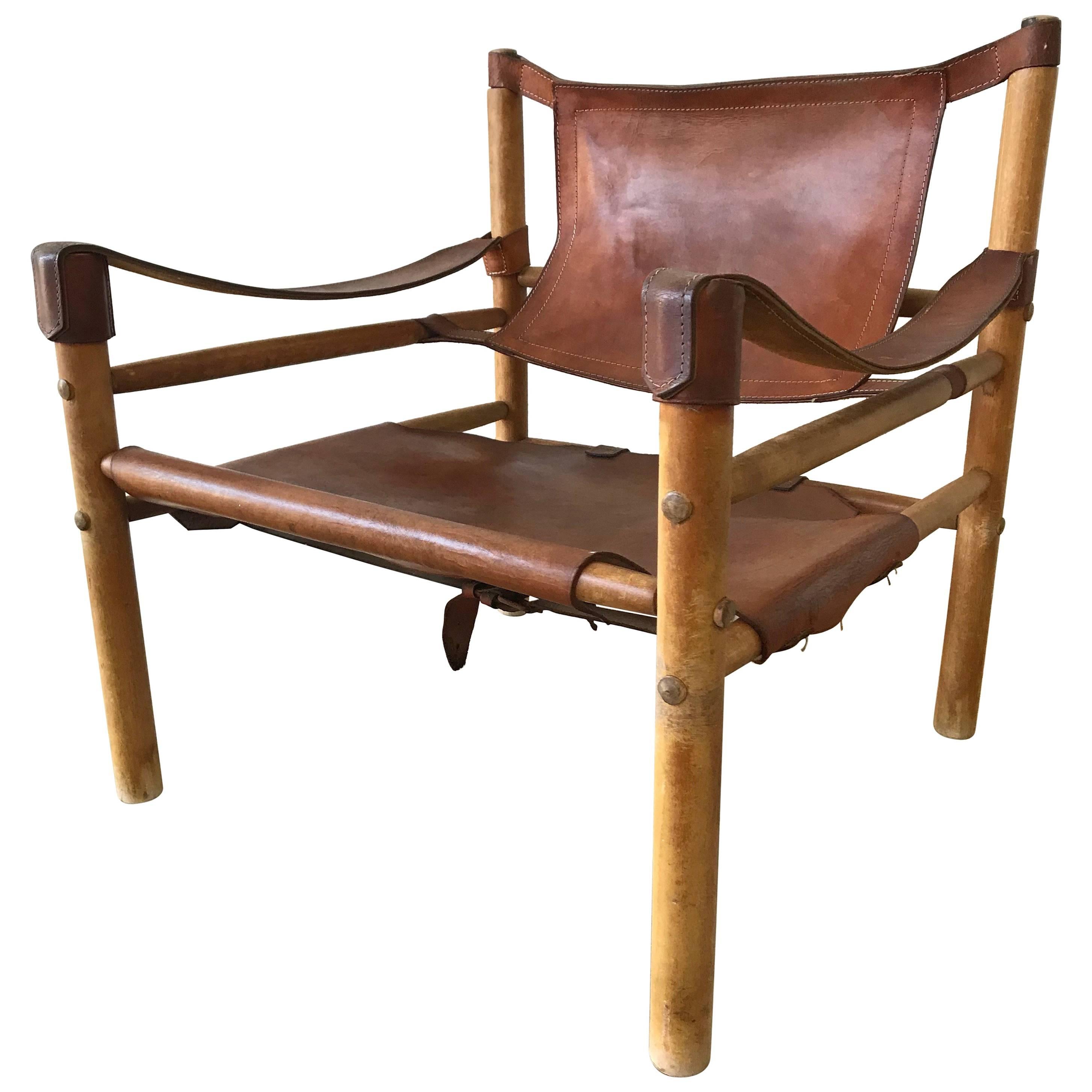Early Distressed Saddle Leather "Sirocco" Safari Chair by Arne Norell