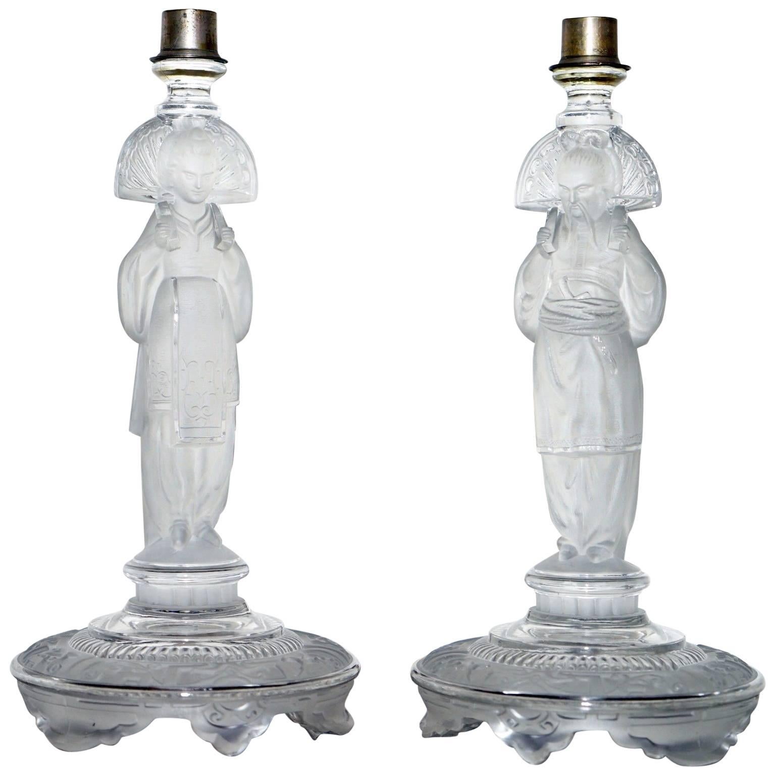 Rare Pair of Antique Glass 1920s Chinese Nobleman and Lady Candlestick Holders